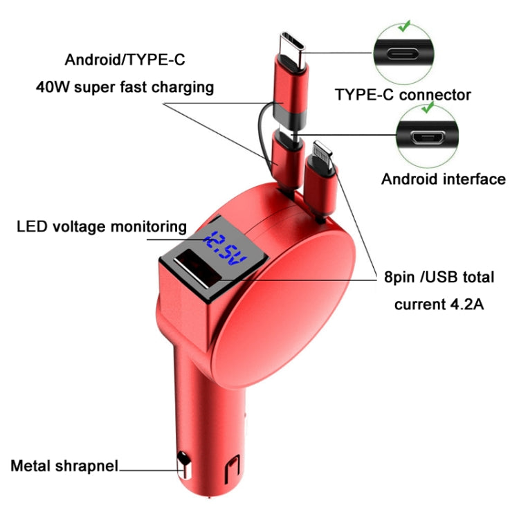 3 In 1 60W Fast Charging Dual Cable Retractable Car Charger(Red) - In Car by buy2fix | Online Shopping UK | buy2fix