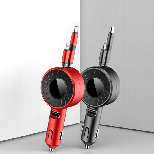 3 In 1 USB Dual Cable Single Pull Retractable Car Charger(Black) - Car Charger by buy2fix | Online Shopping UK | buy2fix