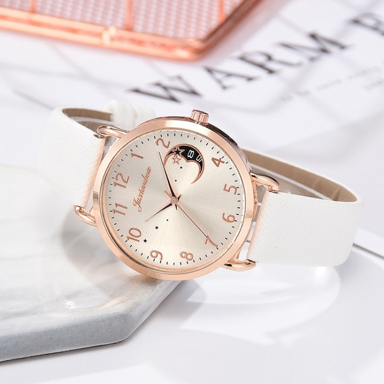 Ladies Moon Pattern Dial PU Strap Quartz Watch, Color: White - Leather Strap Watches by buy2fix | Online Shopping UK | buy2fix