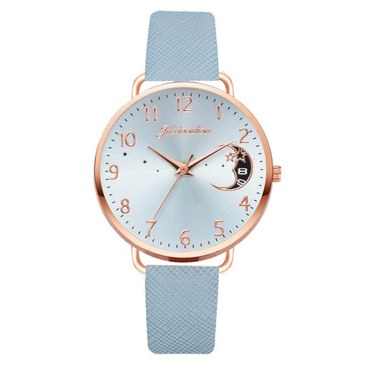 Ladies Moon Pattern Dial PU Strap Quartz Watch, Color: Sky Blue - Leather Strap Watches by buy2fix | Online Shopping UK | buy2fix
