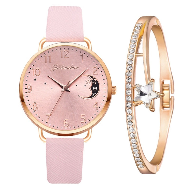 Ladies Moon Pattern Dial PU Strap Quartz Watch, Color: Pink+Bracelet - Leather Strap Watches by buy2fix | Online Shopping UK | buy2fix