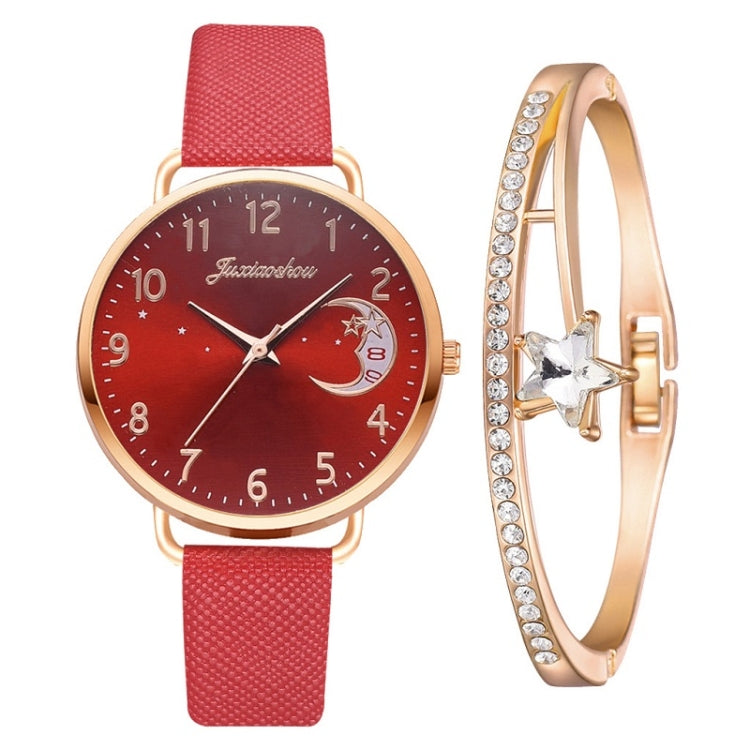 Ladies Moon Pattern Dial PU Strap Quartz Watch, Color: Red+Bracelet - Leather Strap Watches by buy2fix | Online Shopping UK | buy2fix