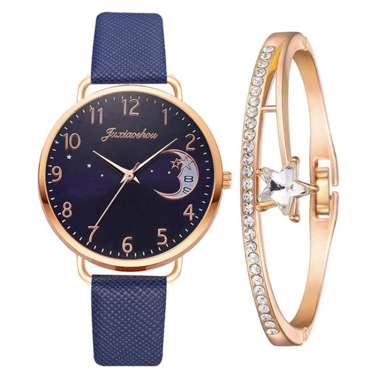 Ladies Moon Pattern Dial PU Strap Quartz Watch, Color: Blue+Bracelet - Leather Strap Watches by buy2fix | Online Shopping UK | buy2fix