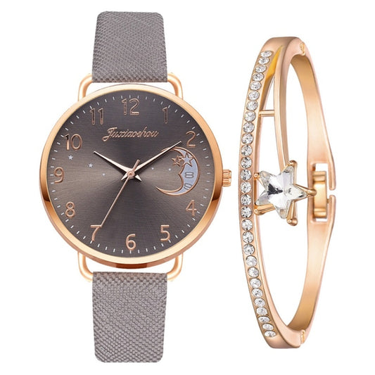 Ladies Moon Pattern Dial PU Strap Quartz Watch, Color: Gray+Bracelet - Leather Strap Watches by buy2fix | Online Shopping UK | buy2fix