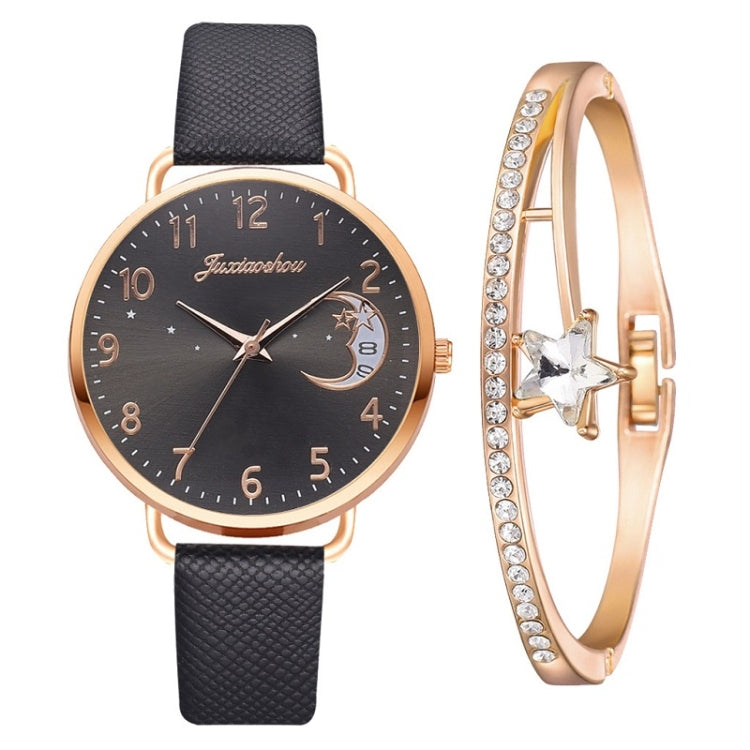 Ladies Moon Pattern Dial PU Strap Quartz Watch, Color: Black+Bracelet - Leather Strap Watches by buy2fix | Online Shopping UK | buy2fix