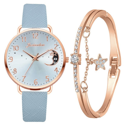 Ladies Moon Pattern Dial PU Strap Quartz Watch, Color: Tianlan+Bracelet - Leather Strap Watches by buy2fix | Online Shopping UK | buy2fix