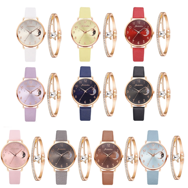 Ladies Moon Pattern Dial PU Strap Quartz Watch, Color: Tianlan+Bracelet - Leather Strap Watches by buy2fix | Online Shopping UK | buy2fix