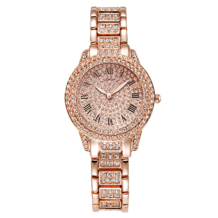 Full Diamond Roman Literal Steel Strap Quartz Watch, Color: Rose Gold - Alloy Watches by buy2fix | Online Shopping UK | buy2fix