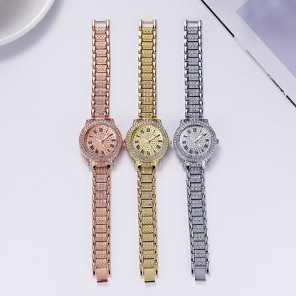 Full Diamond Roman Literal Steel Strap Quartz Watch, Color: Gold+Bracelet - Alloy Watches by buy2fix | Online Shopping UK | buy2fix