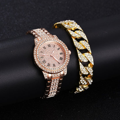 Full Diamond Roman Literal Steel Strap Quartz Watch, Color: Rose Gold+Bracelet - Alloy Watches by buy2fix | Online Shopping UK | buy2fix