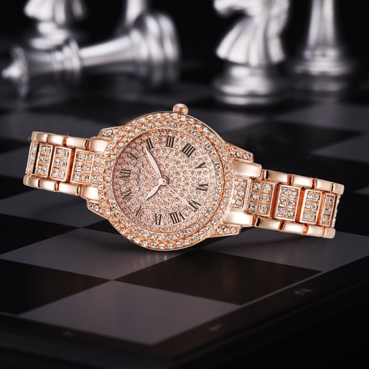 Full Diamond Roman Literal Steel Strap Quartz Watch, Color: Rose Gold+Bracelet - Alloy Watches by buy2fix | Online Shopping UK | buy2fix