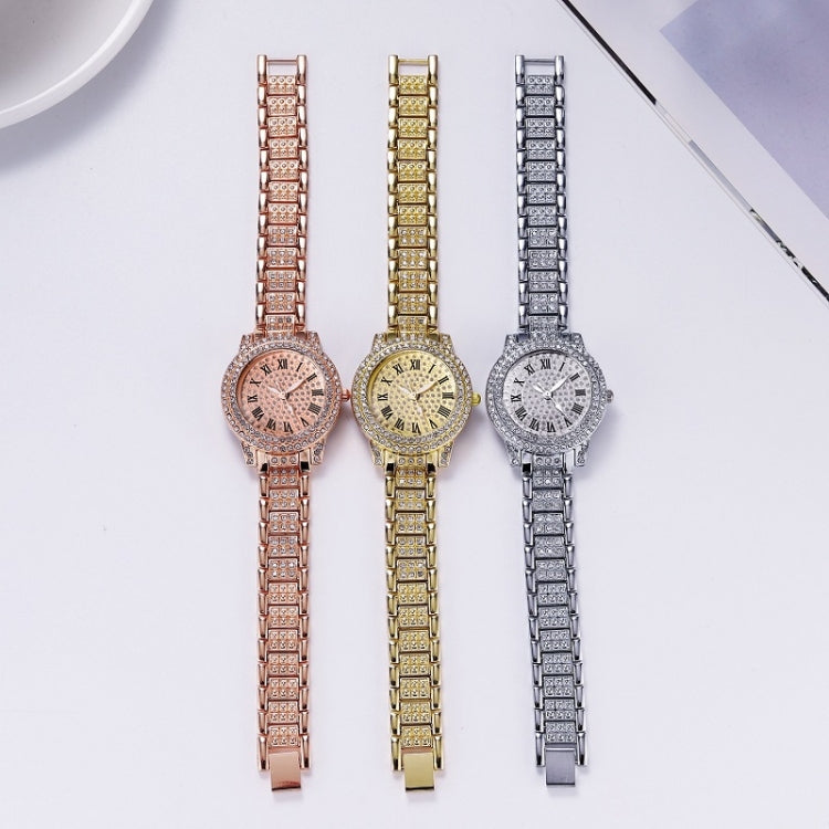 Full Diamond Roman Literal Steel Strap Quartz Watch, Color: Rose Gold+Bracelet - Alloy Watches by buy2fix | Online Shopping UK | buy2fix