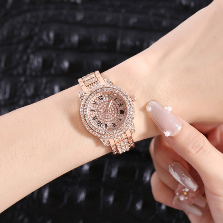 Full Diamond Roman Literal Steel Strap Quartz Watch, Color: Rose Gold+Bracelet - Alloy Watches by buy2fix | Online Shopping UK | buy2fix