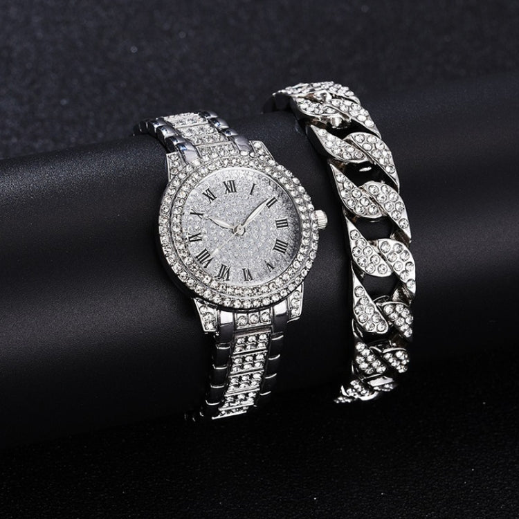 Full Diamond Roman Literal Steel Strap Quartz Watch, Color: Silver+Bracelet - Alloy Watches by buy2fix | Online Shopping UK | buy2fix