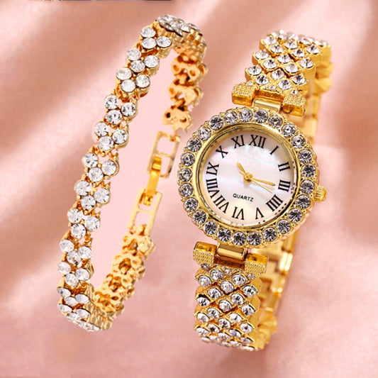 Roman Pattern Diamond Ladies Quartz Watch, Color: Gold+Bracelet - Alloy Watches by buy2fix | Online Shopping UK | buy2fix