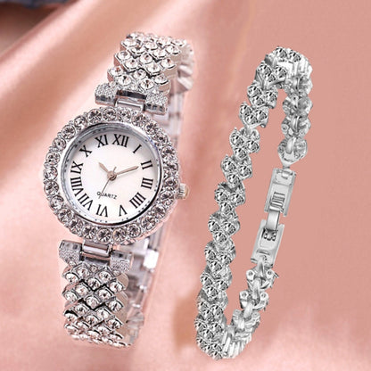 Roman Pattern Diamond Ladies Quartz Watch, Color: Silver+Bracelet - Alloy Watches by buy2fix | Online Shopping UK | buy2fix