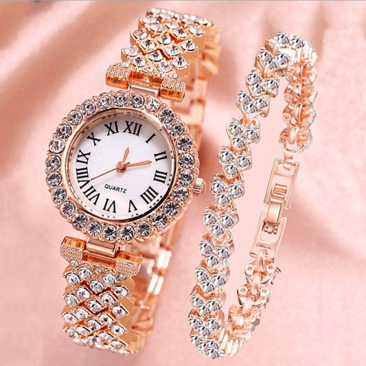 Roman Pattern Diamond Ladies Quartz Watch, Color: Rose Gold+Bracelet - Alloy Watches by buy2fix | Online Shopping UK | buy2fix