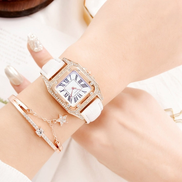 Women Tonneau Square Strap Quartz Watch, Color: White+Bracelet - Leather Strap Watches by buy2fix | Online Shopping UK | buy2fix
