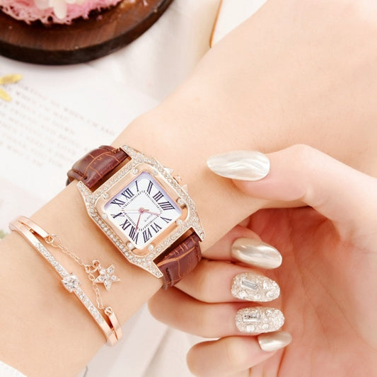 Women Tonneau Square Strap Quartz Watch, Color: Brown+Bracelet - Leather Strap Watches by buy2fix | Online Shopping UK | buy2fix