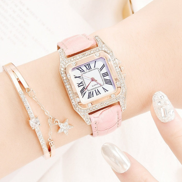 Women Tonneau Square Strap Quartz Watch, Color: Pink+Bracelet - Leather Strap Watches by buy2fix | Online Shopping UK | buy2fix