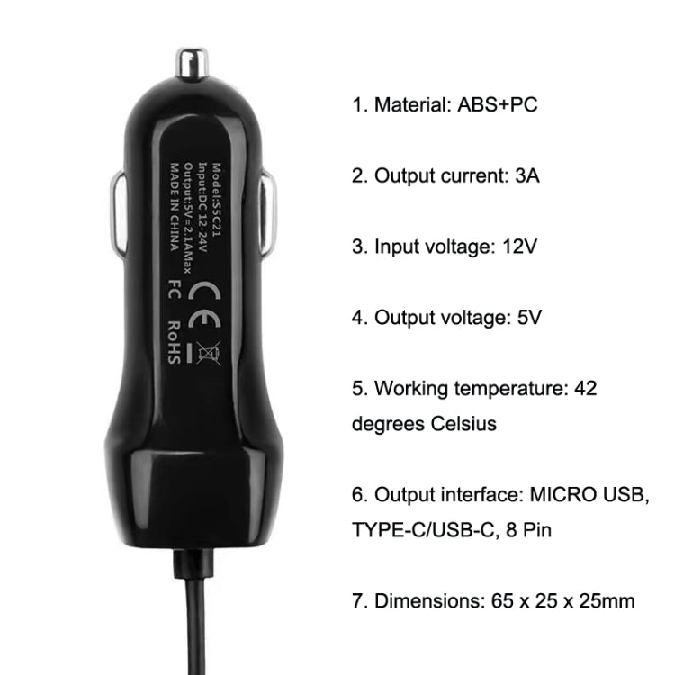 522AL Fast Charging With Cable Car Charging, Output Interface: 8 Pin (Black) - In Car by buy2fix | Online Shopping UK | buy2fix