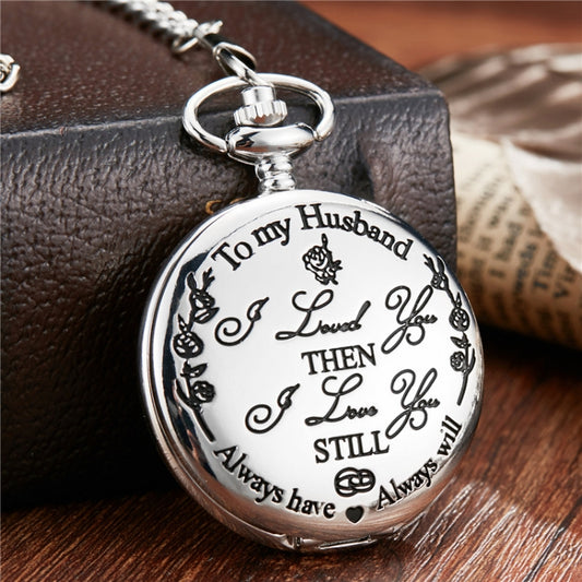 Engraved Vintage Commemorative Quartz Pocket Watch Round Watch, Style: Hushand (Silver) - Necklace Watch Watches by buy2fix | Online Shopping UK | buy2fix