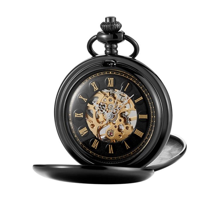 pm240 Classic Double Open Double Face Vintage Manual Mechanical Pocket Watch with Roman Lettering(Black Shell Black Face Gold Movement) - Necklace Watch Watches by buy2fix | Online Shopping UK | buy2fix