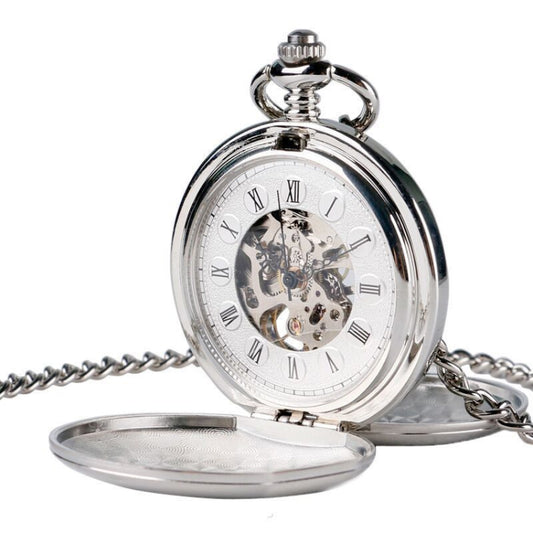 pm240 Classic Double Open Double Face Vintage Manual Mechanical Pocket Watch with Roman Lettering(Silver Shell Silver Face Silver Movement) - Necklace Watch Watches by buy2fix | Online Shopping UK | buy2fix