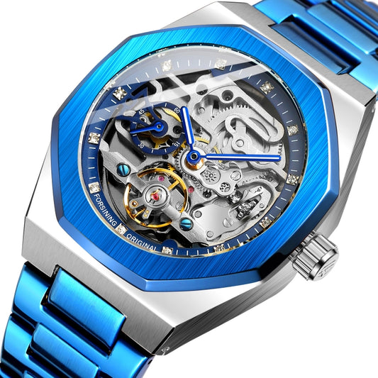 FORSINING F980 Luminous Three Eye Six Shot Weekly Steel Belt Men Fully Automatic Mechanical Watch(Blue Belt Blue Face) - Metal Strap Watches by FORSINING | Online Shopping UK | buy2fix