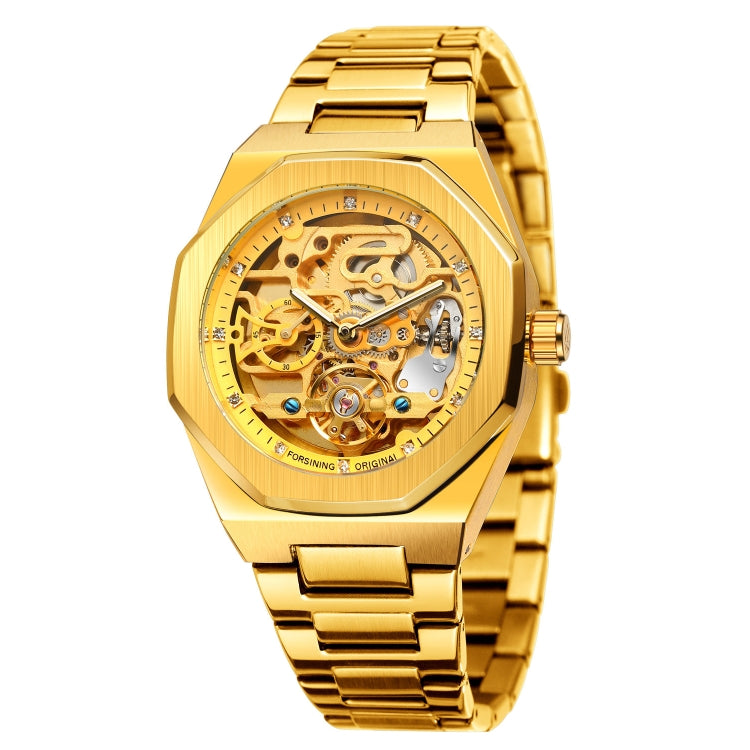 FORSINING F980 Luminous Three Eye Six Shot Weekly Steel Belt Men Fully Automatic Mechanical Watch(Gold Belt Black Face) - Metal Strap Watches by FORSINING | Online Shopping UK | buy2fix