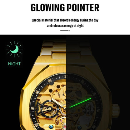 FORSINING F980 Luminous Three Eye Six Shot Weekly Steel Belt Men Fully Automatic Mechanical Watch(Gold Belt Gold Face) - Metal Strap Watches by FORSINING | Online Shopping UK | buy2fix