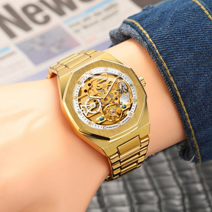 FORSINING F980 Luminous Three Eye Six Shot Weekly Steel Belt Men Fully Automatic Mechanical Watch(Gold Belt Gold Face) - Metal Strap Watches by FORSINING | Online Shopping UK | buy2fix