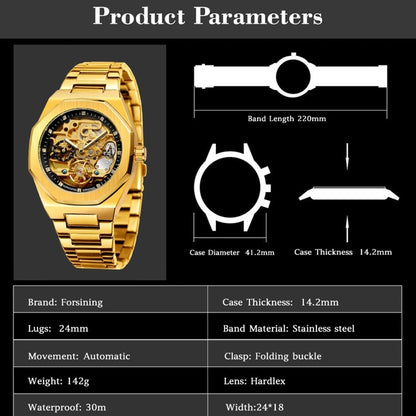 FORSINING F980 Luminous Three Eye Six Shot Weekly Steel Belt Men Fully Automatic Mechanical Watch(Gold Belt Gold Face) - Metal Strap Watches by FORSINING | Online Shopping UK | buy2fix