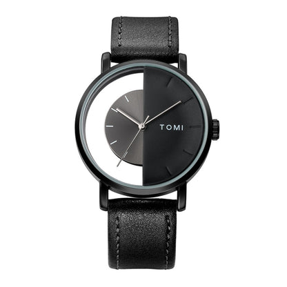 TOMI T080 Hollow Design Half See-through Unisex Quartz Watch(Black Face Black Shell Black Strap) - Leather Strap Watches by buy2fix | Online Shopping UK | buy2fix