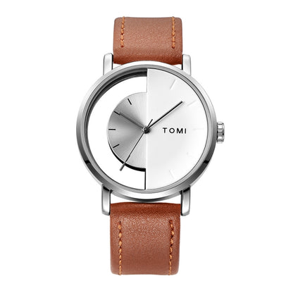 TOMI T080 Hollow Design Half See-through Unisex Quartz Watch(White Face Silver Shell Brown Strap) - Leather Strap Watches by buy2fix | Online Shopping UK | buy2fix