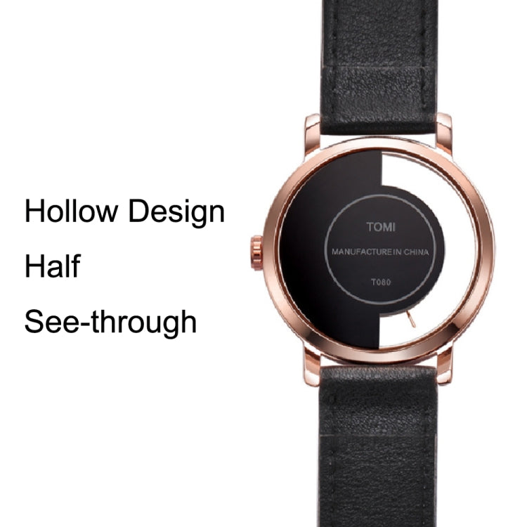 TOMI T080 Hollow Design Half See-through Unisex Quartz Watch(Black White Face Brown Strap) - Leather Strap Watches by buy2fix | Online Shopping UK | buy2fix