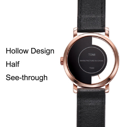 TOMI T080 Hollow Design Half See-through Unisex Quartz Watch(Black White Face Black Strap) - Leather Strap Watches by buy2fix | Online Shopping UK | buy2fix