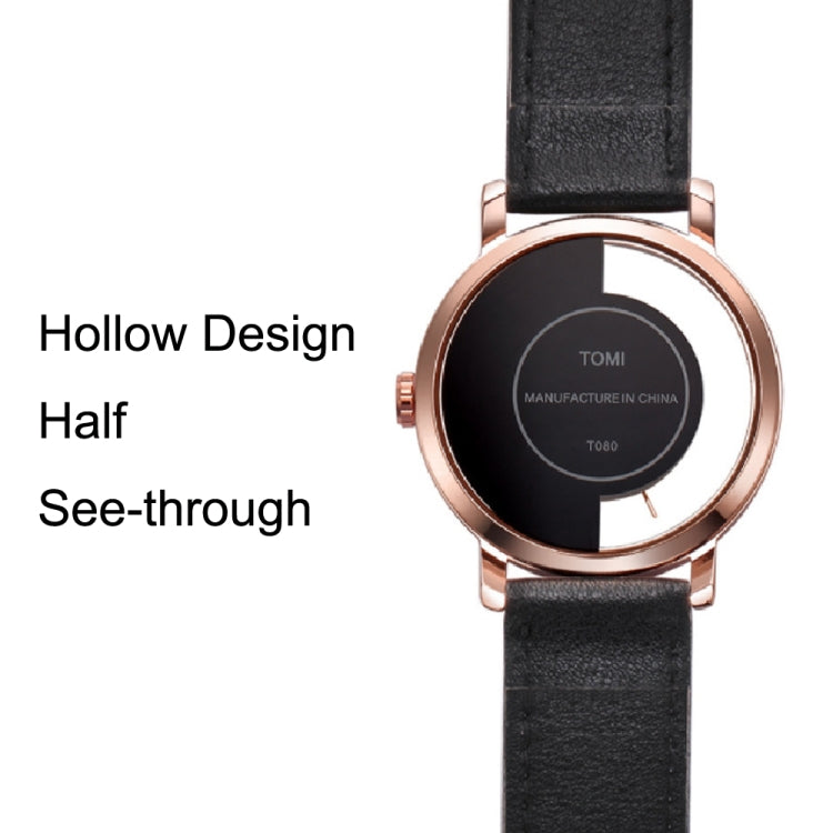 TOMI T080 Hollow Design Half See-through Unisex Quartz Watch(White Face Rose Shell Brown Strap) - Leather Strap Watches by buy2fix | Online Shopping UK | buy2fix