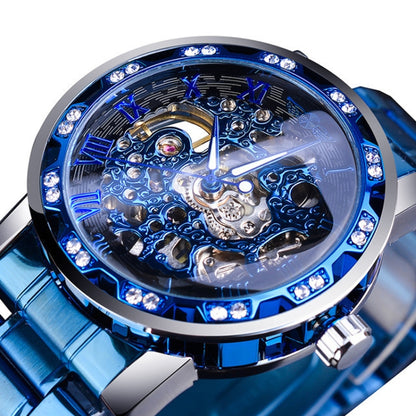 Winner Leisure Skeleton Diamond Luminous Pointer Watch Men Manual Mechanical Watch(Blue Belt Silver Shell Blue Face) - Metal Strap Watches by Winner | Online Shopping UK | buy2fix