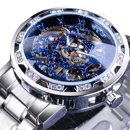 Winner Leisure Skeleton Diamond Luminous Pointer Watch Men Manual Mechanical Watch(Silver Belt Silver Shell Blue Face) - Metal Strap Watches by Winner | Online Shopping UK | buy2fix