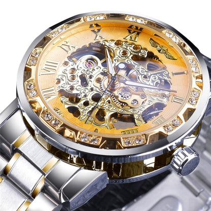 Winner Leisure Skeleton Diamond Luminous Pointer Watch Men Manual Mechanical Watch(Silver Belt Silver Shell Gold Face) - Metal Strap Watches by Winner | Online Shopping UK | buy2fix