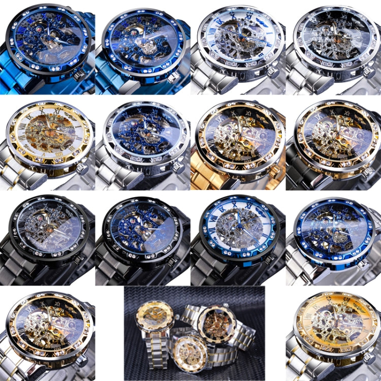 Winner Leisure Skeleton Diamond Luminous Pointer Watch Men Manual Mechanical Watch(Black Belt White Face Blue Word) - Metal Strap Watches by Winner | Online Shopping UK | buy2fix