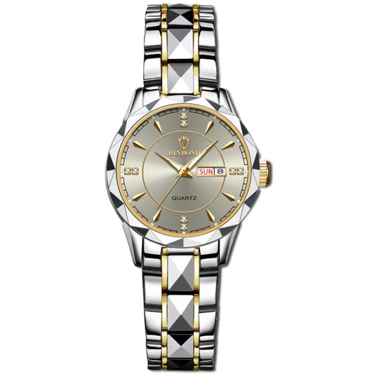 BINBOND B5552 Luminous Multifunctional Business Calendar Quartz Watch(Female-Inter-gold-Gray) - Metal Strap Watches by BINBOND | Online Shopping UK | buy2fix