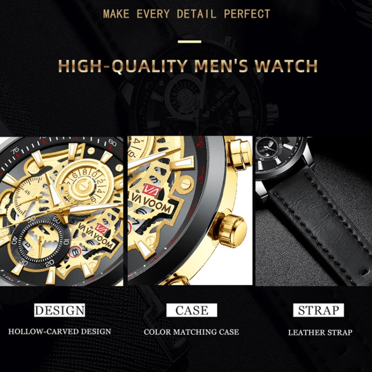 VAVA VOOM 2311G-JH1 Black Gold Shell Steel Belt Men Waterproof Sports Luminous Calendar Casual Quartz Hollow Watch - Sport Watches by VAVA VOOM | Online Shopping UK | buy2fix