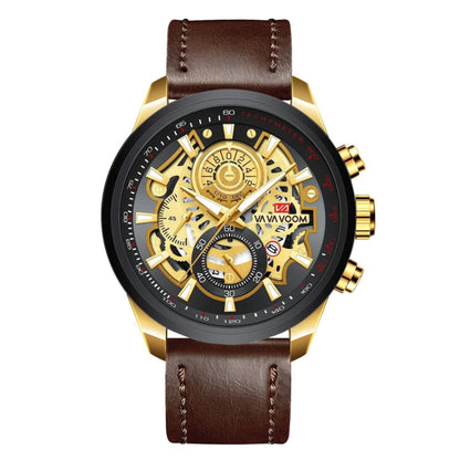 VAVA VOOM 2311P-JK Black Gold Shell Brown Belt Men Waterproof Sports Luminous Calendar Casual Quartz Hollow Watch - Sport Watches by VAVA VOOM | Online Shopping UK | buy2fix
