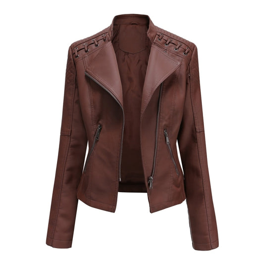 Women Short Leather Jacket Slim Jacket Motorcycle Suit, Size: M(Coffee) - Jacket & Loose Coat by buy2fix | Online Shopping UK | buy2fix