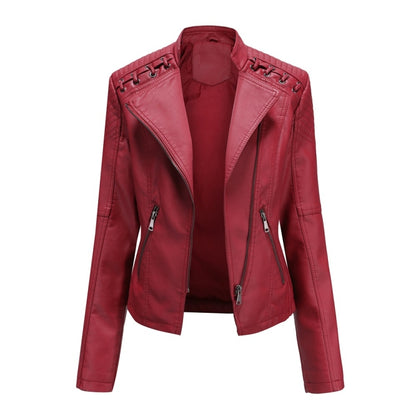 Women Short Leather Jacket Slim Jacket Motorcycle Suit, Size: M(Red) - Jacket & Loose Coat by buy2fix | Online Shopping UK | buy2fix