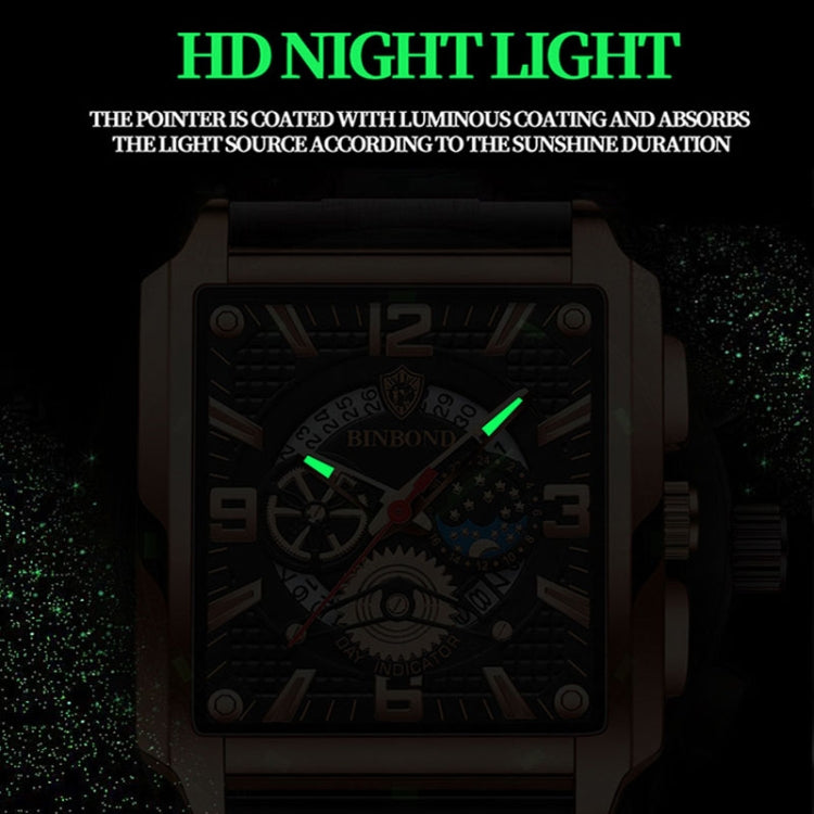 BINBOND B6575 Men Vintage Square Multifunctional Luminous Quartz Watch, Color: Black-Black-Black-Rose - Metal Strap Watches by BINBOND | Online Shopping UK | buy2fix