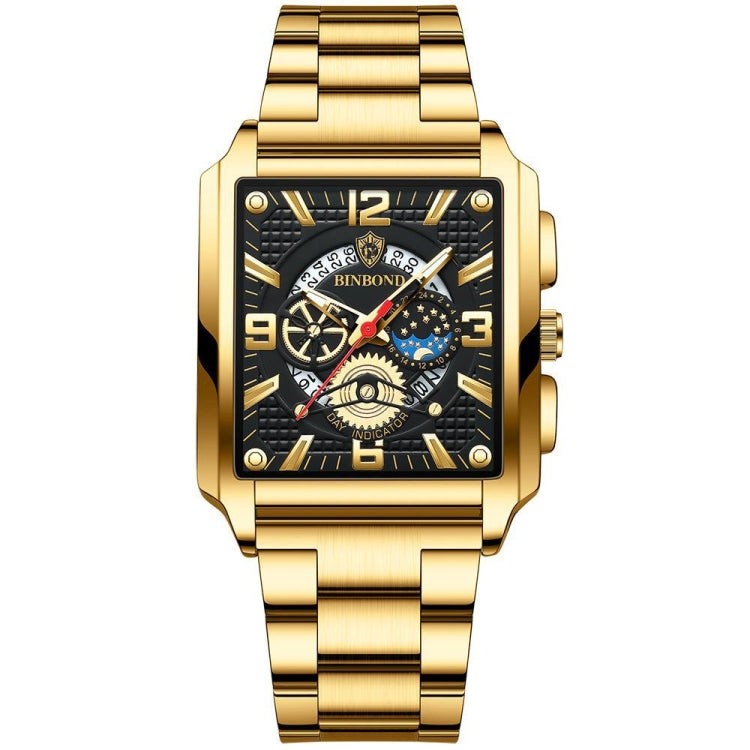 BINBOND B6575 Men Vintage Square Multifunctional Luminous Quartz Watch, Color: Full Gold-Black - Metal Strap Watches by BINBOND | Online Shopping UK | buy2fix