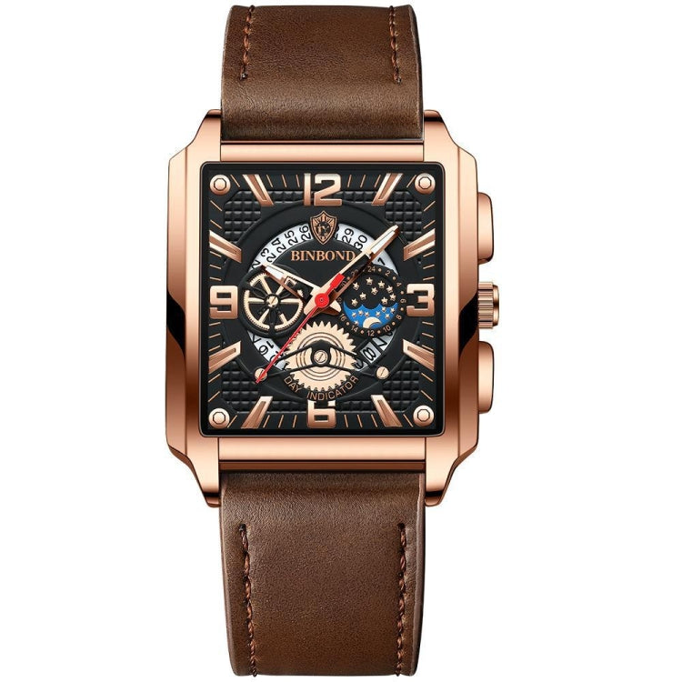 BINBOND B6575 Men Vintage Square Multifunctional Luminous Quartz Watch, Color: Brown Leather-Rose Gold-Black - Metal Strap Watches by BINBOND | Online Shopping UK | buy2fix